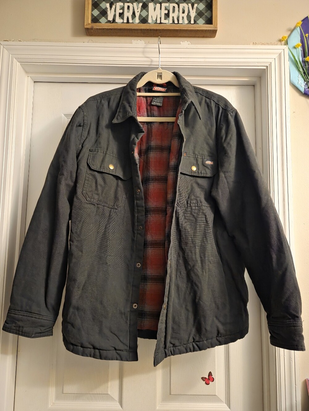 Black Dickies XL jacket with red plaid inside